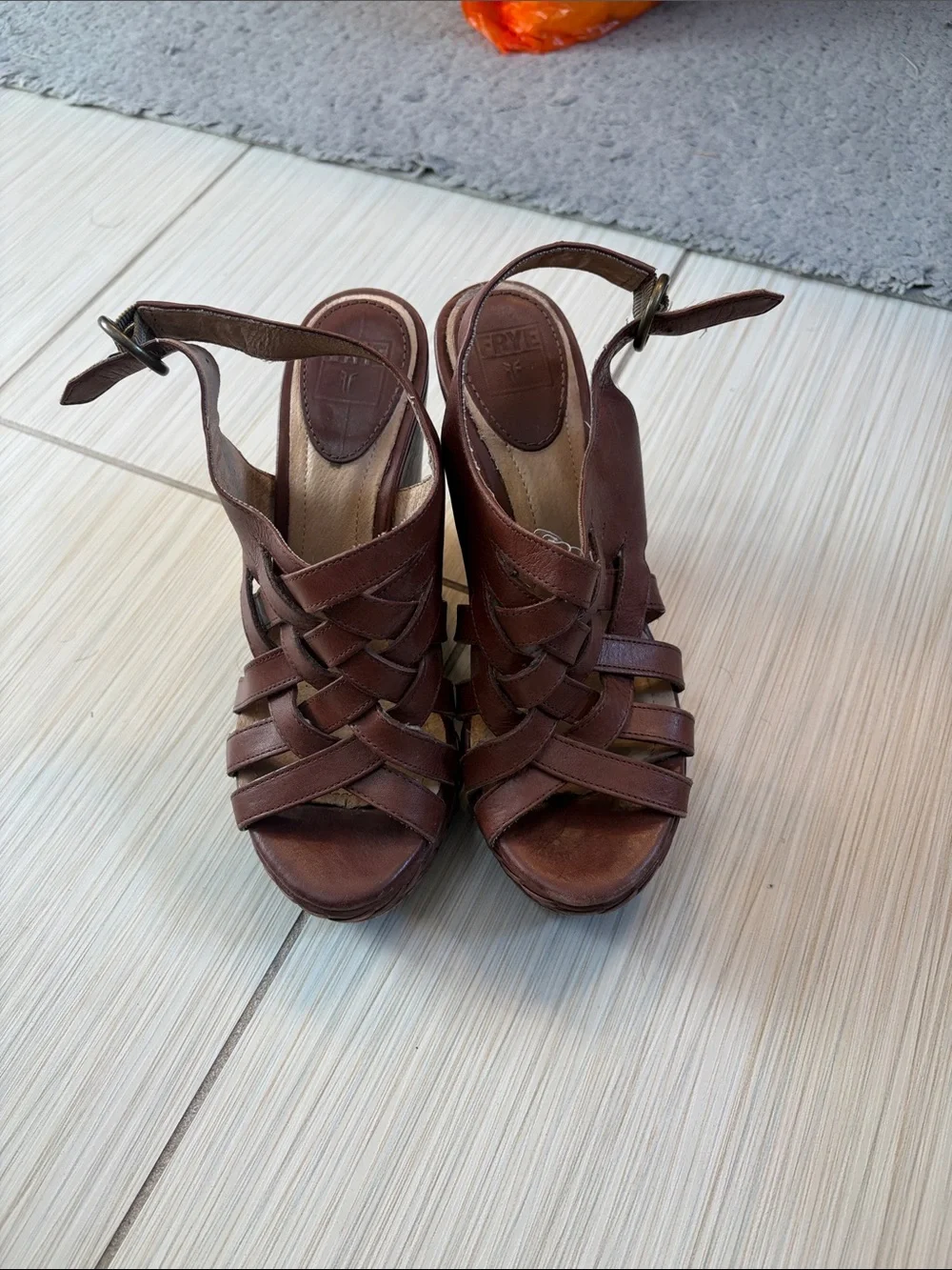 Frye Corrina Strappy Brown Woven Leather Wedge Sandals